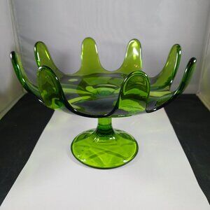 Vintage Viking 8 Pedal Green Glass Pedestal Dish Avocado Green